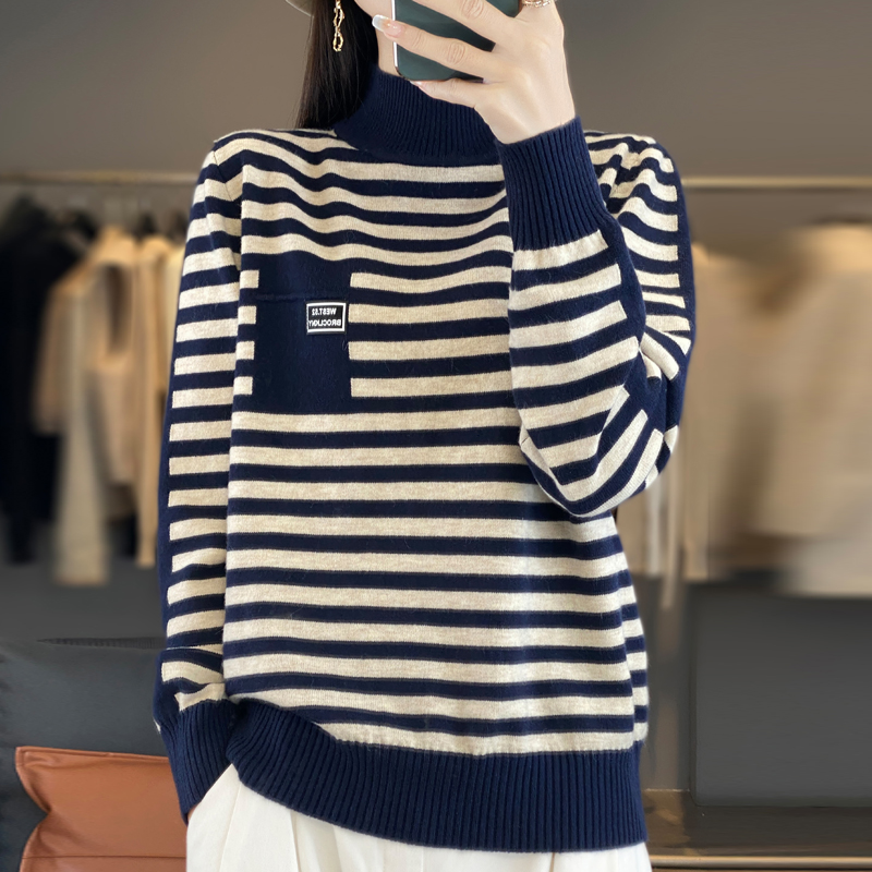女士条纹打底衫秋冬长袖圆领套头时尚洋气宽松毛针织衫大码YS899