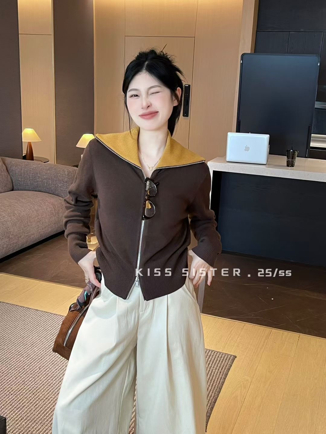 【半糖主义】简约拼色翻领拉链女针织开衫新款气质高级感时尚上衣