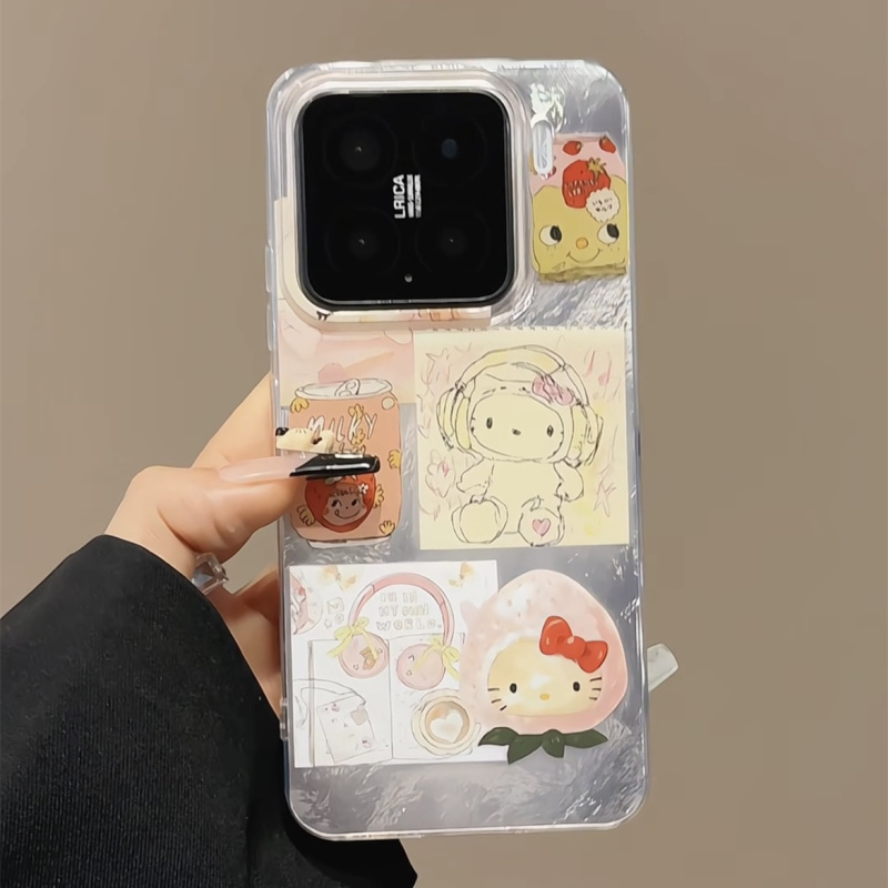 适用苹果16手机壳漩涡IMD华为涂鸦拼贴草莓kitty小众15新款mate70
