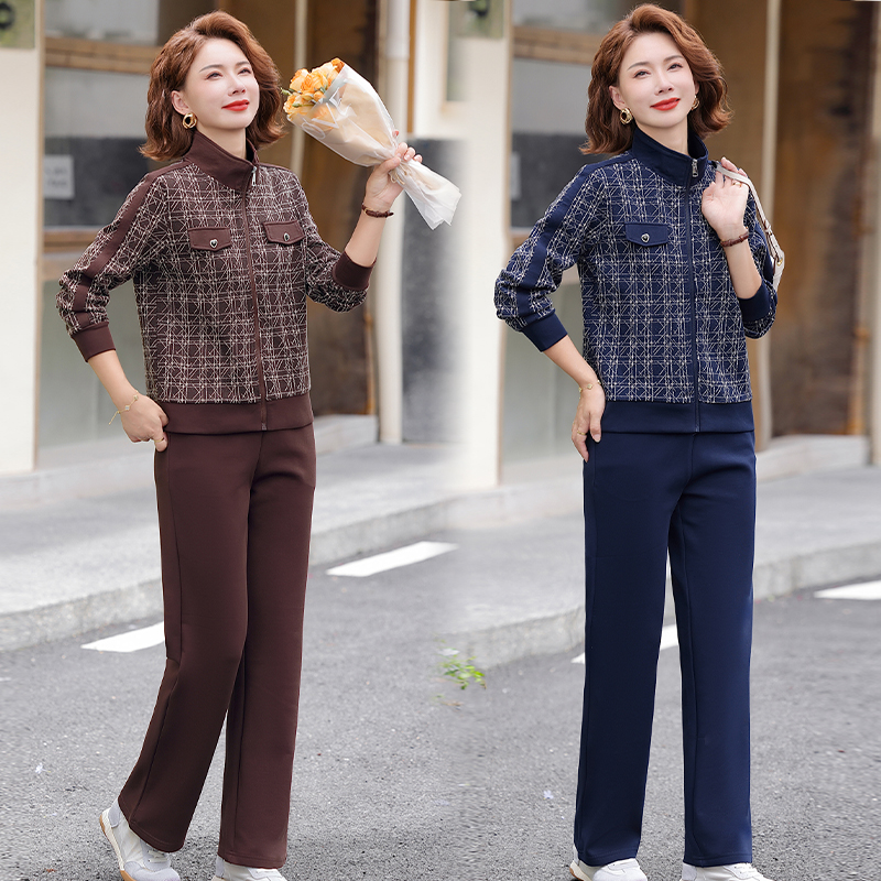 妈妈休闲运动服套装春秋季外套新款中老年女装春秋上衣两件运动装