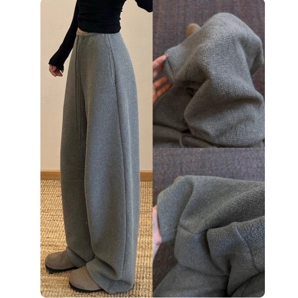 美式灰色休闲风低腰竹节香蕉裤女秋冬2025新款加绒保暖弯刀阔腿裤