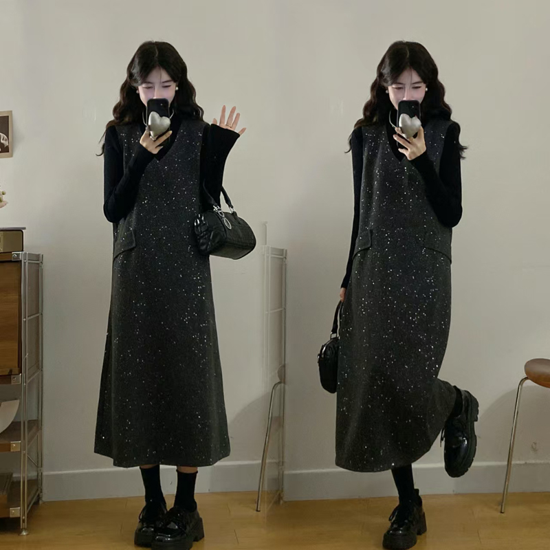 大码女装秋冬新款气质重工亮片针织连衣裙+长背心裙套装