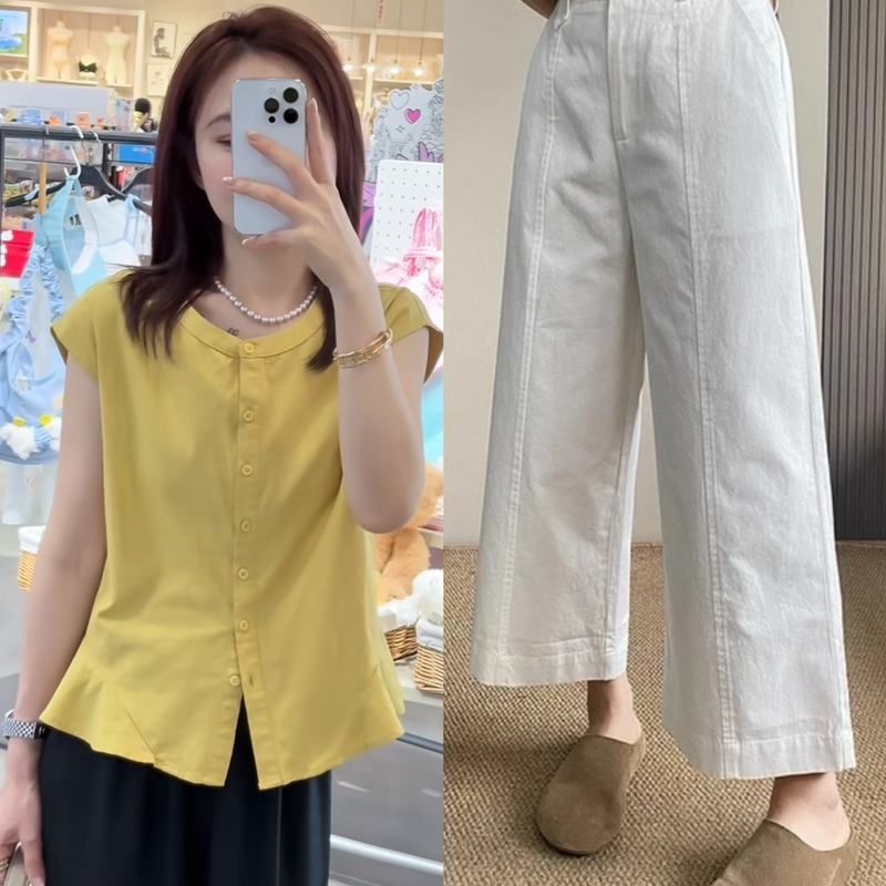 今年流行爆款超好看荷叶边亚麻衬衫休闲裤套装女装独特减龄两件套