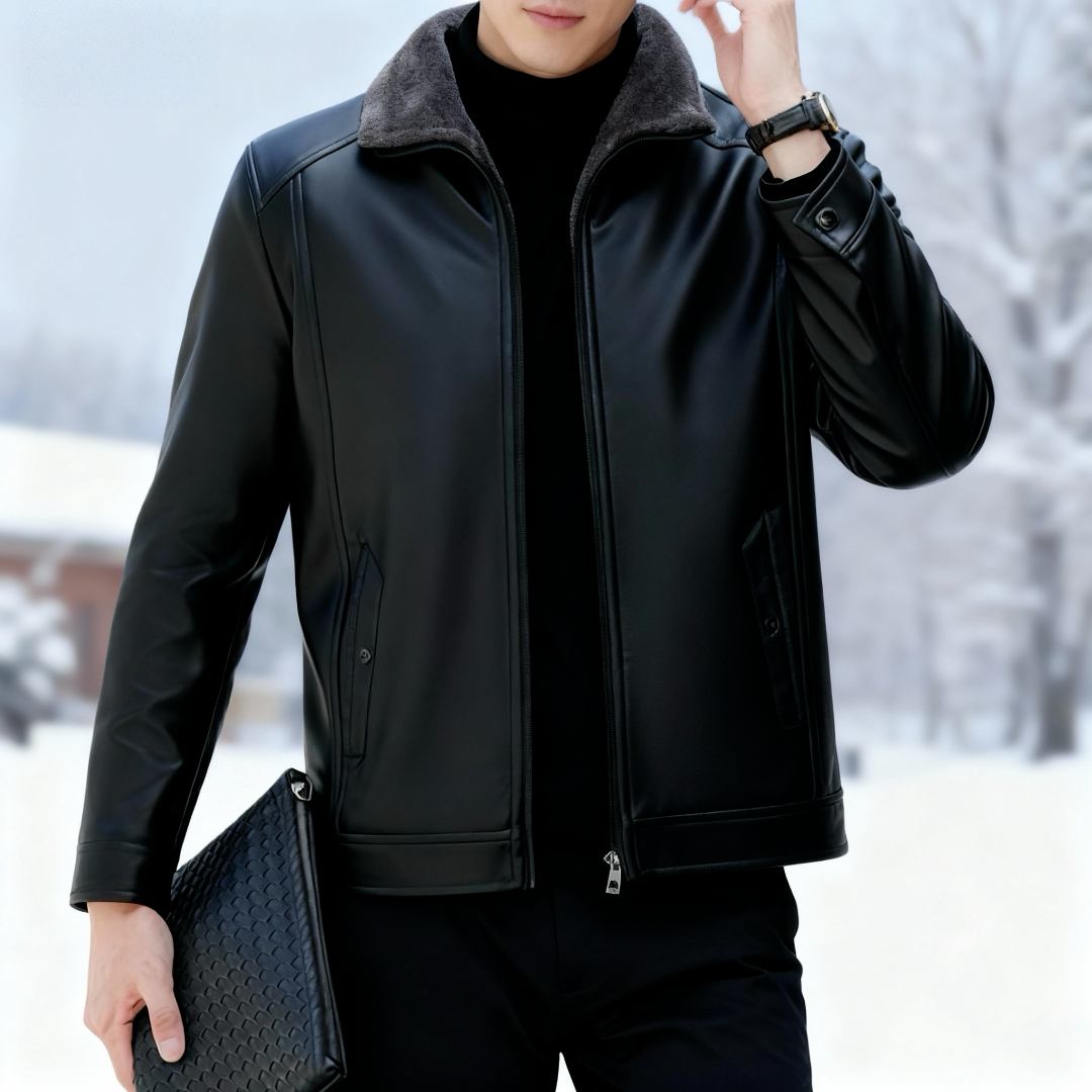 【加绒加厚】专柜男士百搭休闲外套冬季舒适保暖宽松翻领皮衣皮夹克