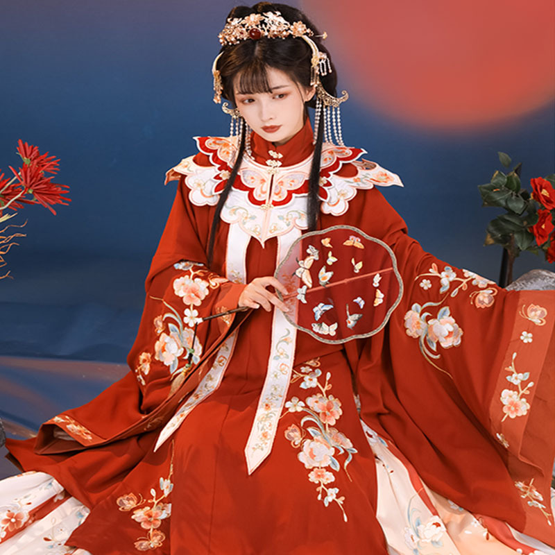 新款花嫁成人汉服女中国风拜年明制立领长衫云肩全套秋冬季刺绣服