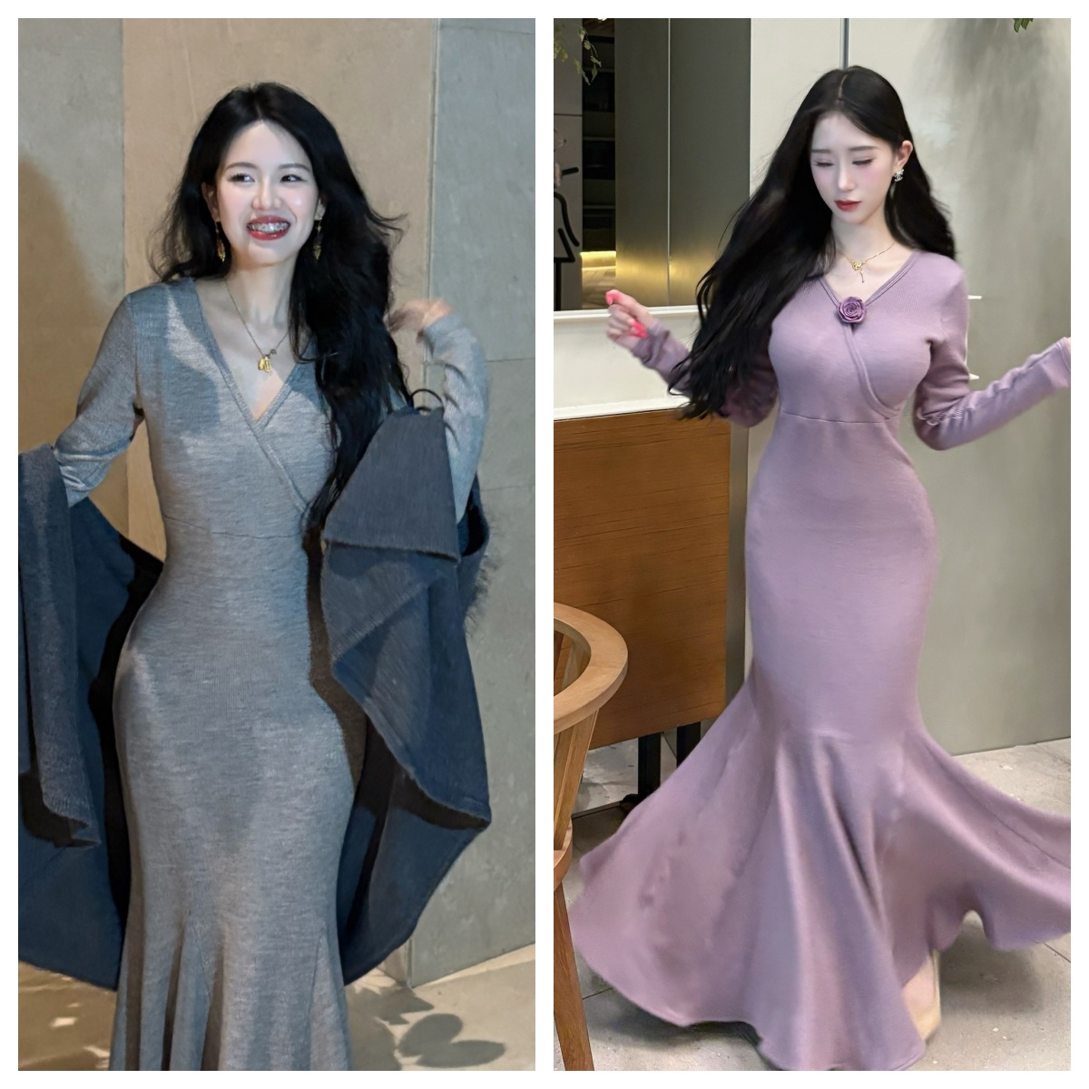 LHMknk1画报夫人原创自制秋冬温柔针织连衣裙紫色 灰色步步生莲