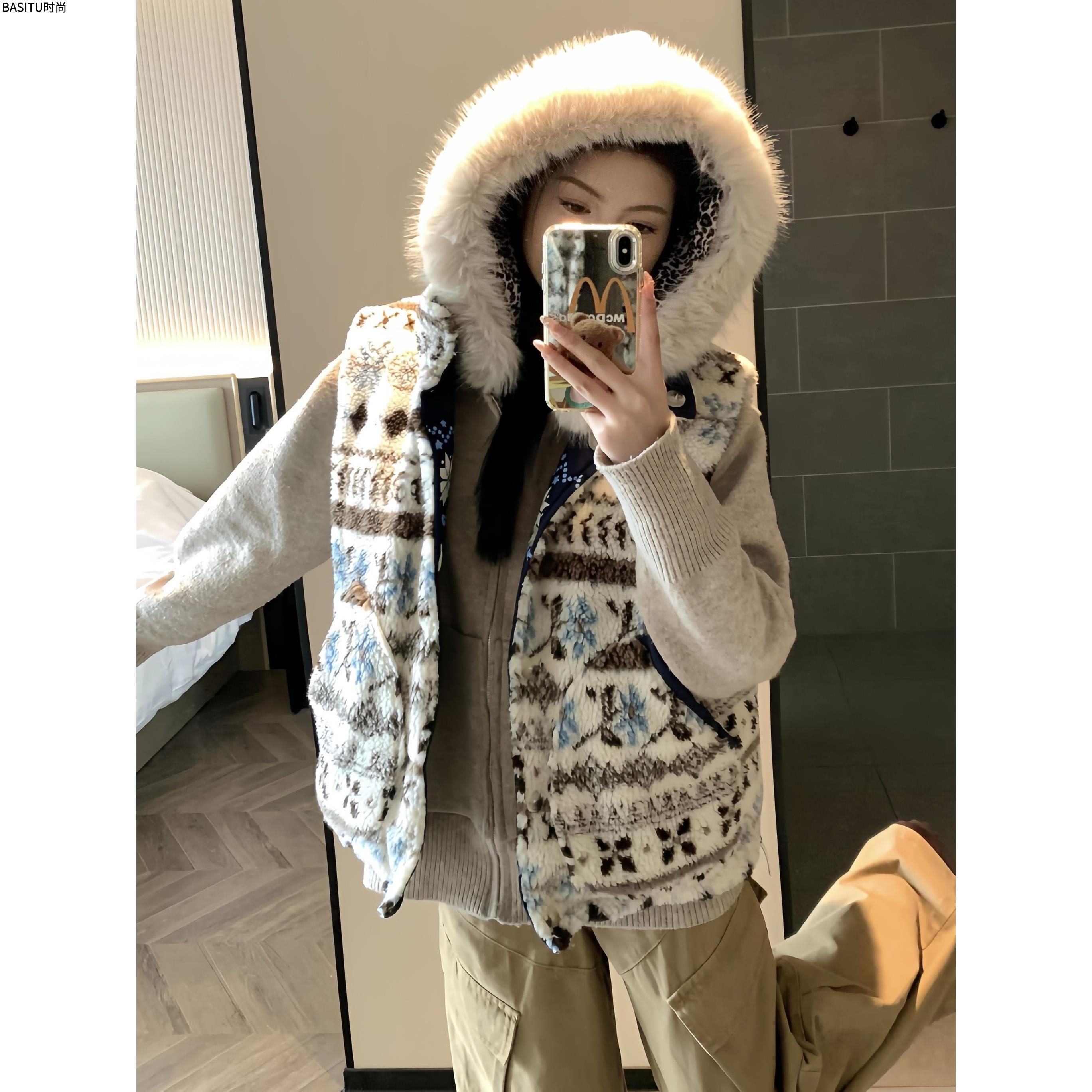 美式复古双面穿拼接设计摇粒绒马甲外套男女冬季加厚羊羔毛棉服潮