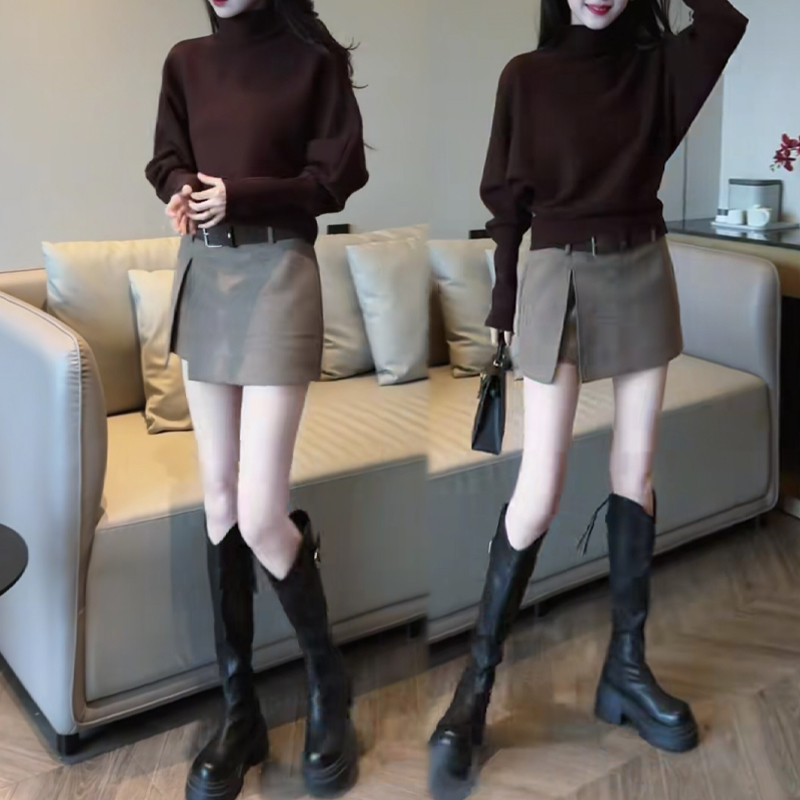 气质简约百搭高领蝙蝠袖小蛮腰毛衣女秋冬开叉毛呢半身裙裤两件套