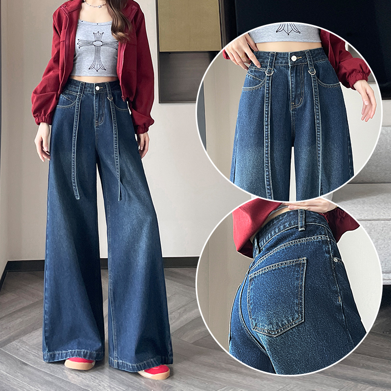 2025秋季新款韩国蓝飘带设计感阔腿牛仔裤女士宽松遮肉慵懒拖地裤