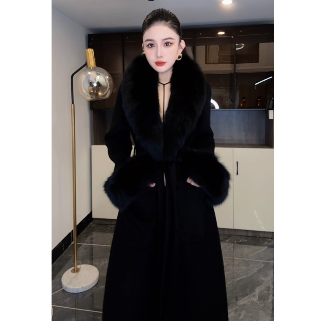 【思思专属】黑色超大狐狸毛领双面羊毛大衣修身显瘦大长款