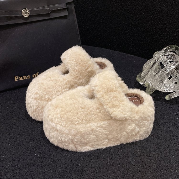 高级感厚底毛茸茸加绒松糕拖鞋女2025秋冬新款外穿包头保暖棉半拖
