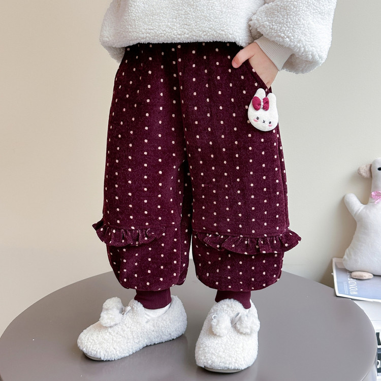 女童秋冬加绒裤子2025新款儿童洋气加厚保暖花边休闲灯芯绒灯笼裤