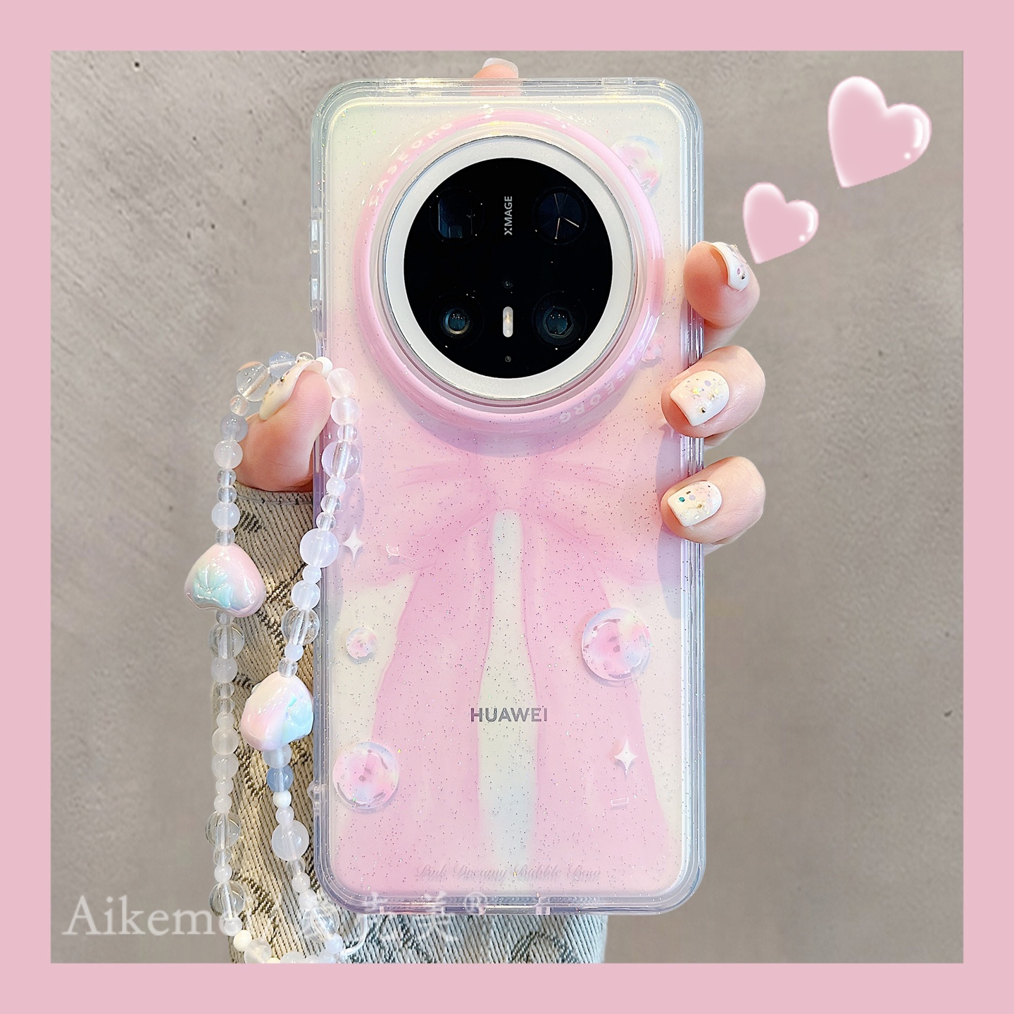 适用华为mate70pro+手机壳透明粉色Mate60pro+泡泡立体蝴蝶结丝带