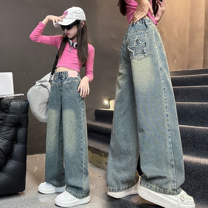 春秋秋季牛仔裤阔腿裤宽松长裤百搭显瘦女童牛仔裤2025新款蓝色中