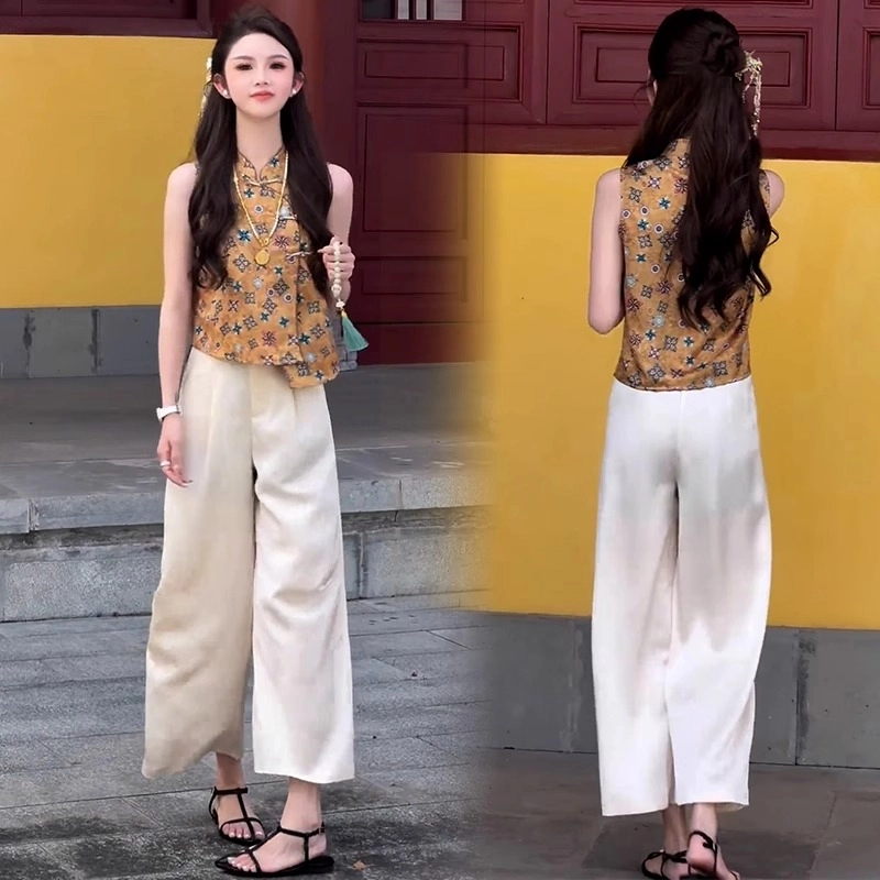 2025夏季新款国风立领斜襟老钱风提花无袖上衣显瘦气质时尚休闲