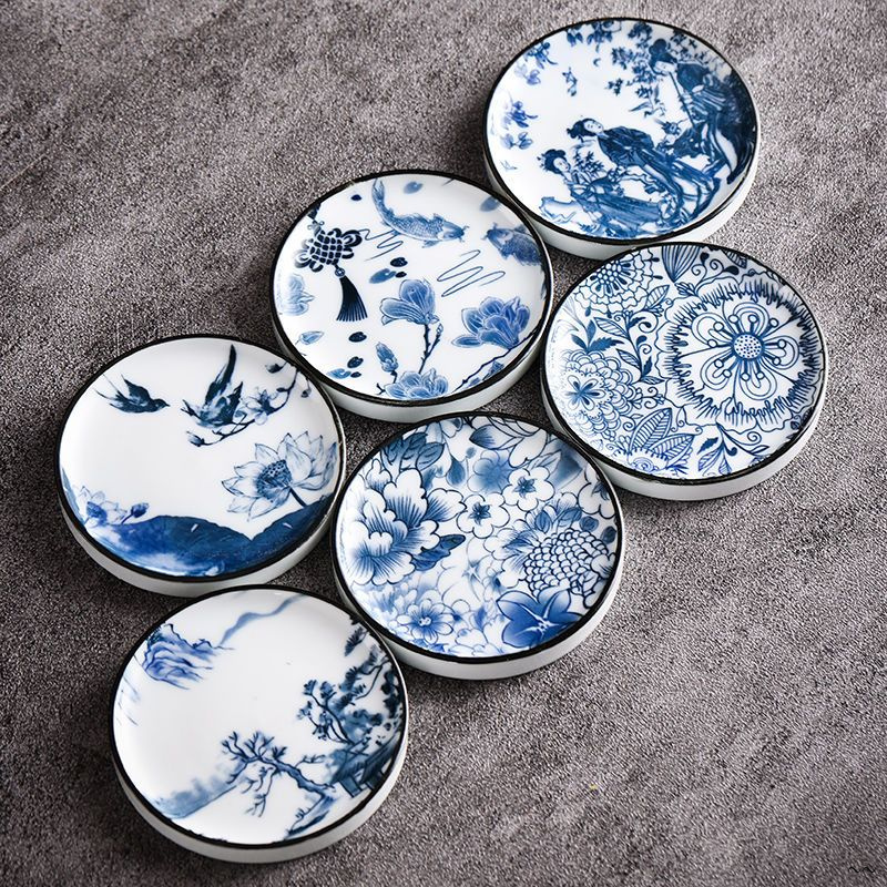品茗茶杯杯垫茶杯托陶瓷圆形复古青花釉下彩防潮家用品茶茶杯垫