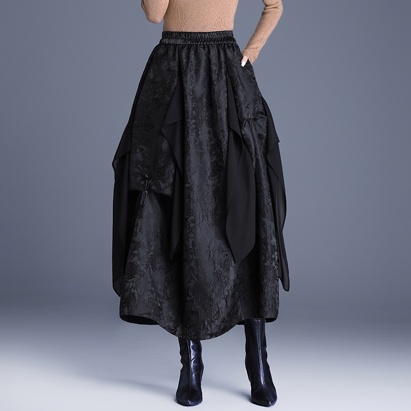 黑色花苞裙秋冬女装高腰新中式国风半身裙宽松不规则中长款拼纱裙