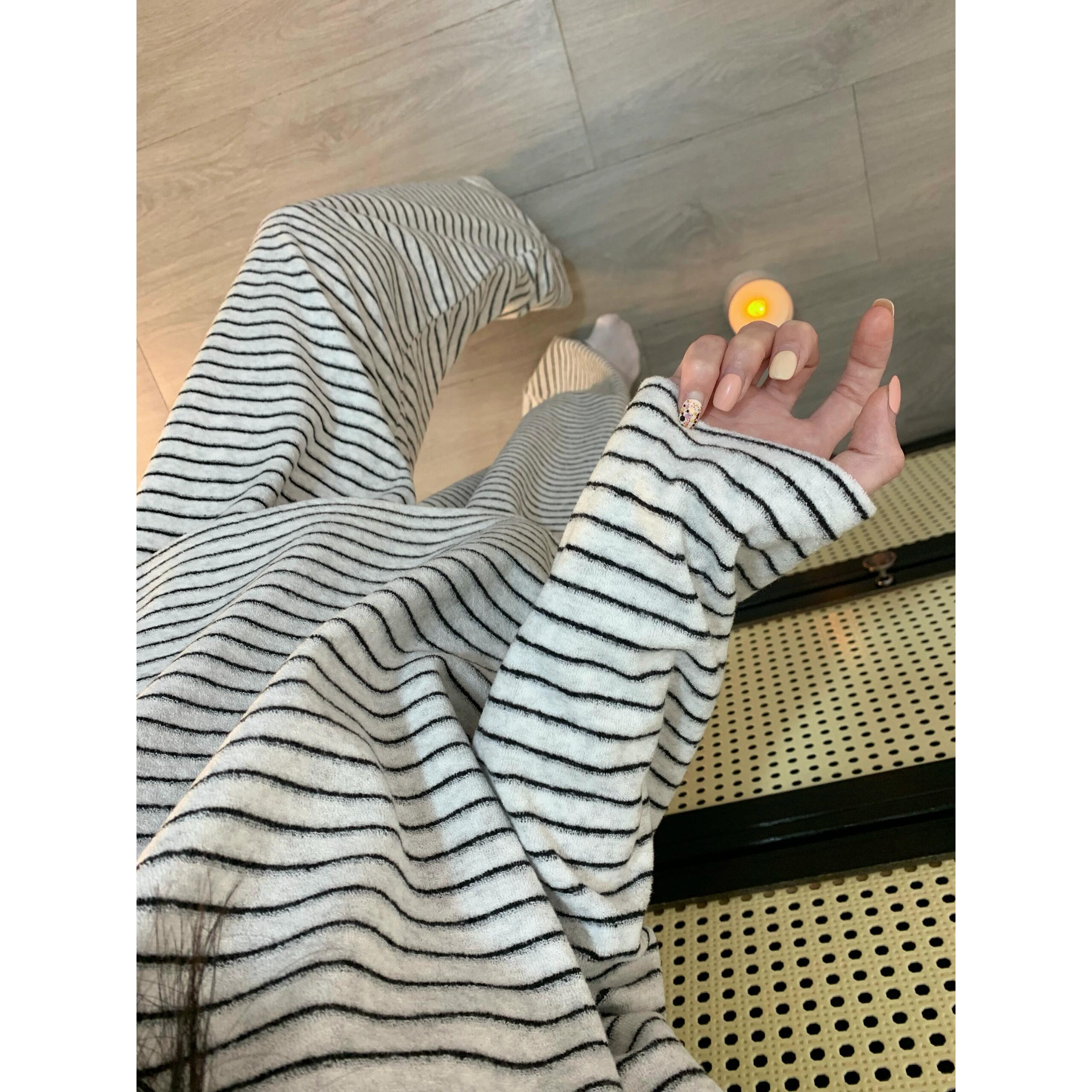 韩版小众软糯亲肤德绒条纹长袖睡衣女秋冬新款休闲长裤家居服套装
