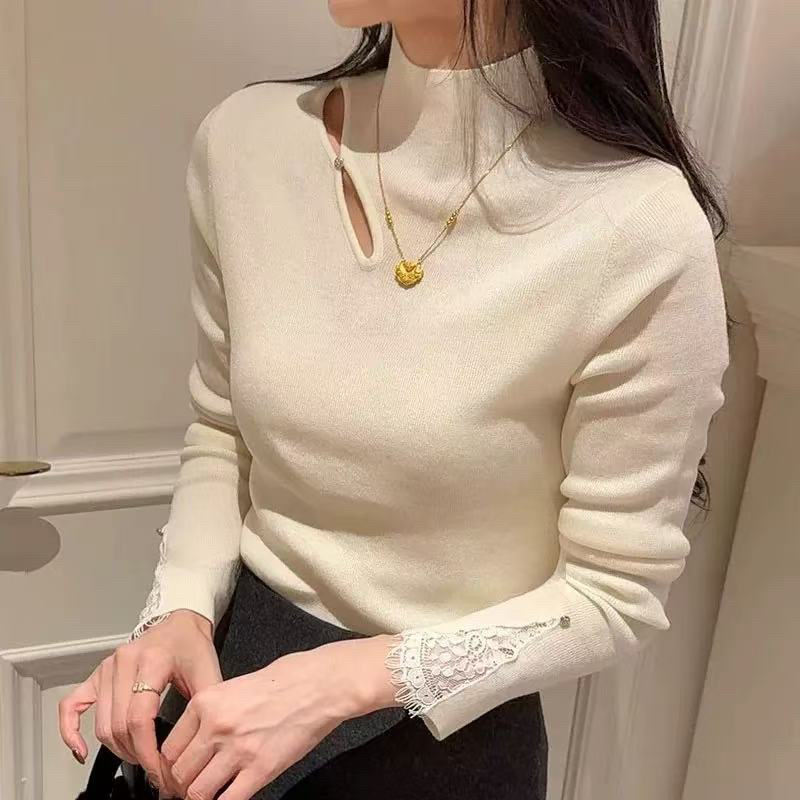 慧慧家新款洋气蕾丝袖百搭毛衫