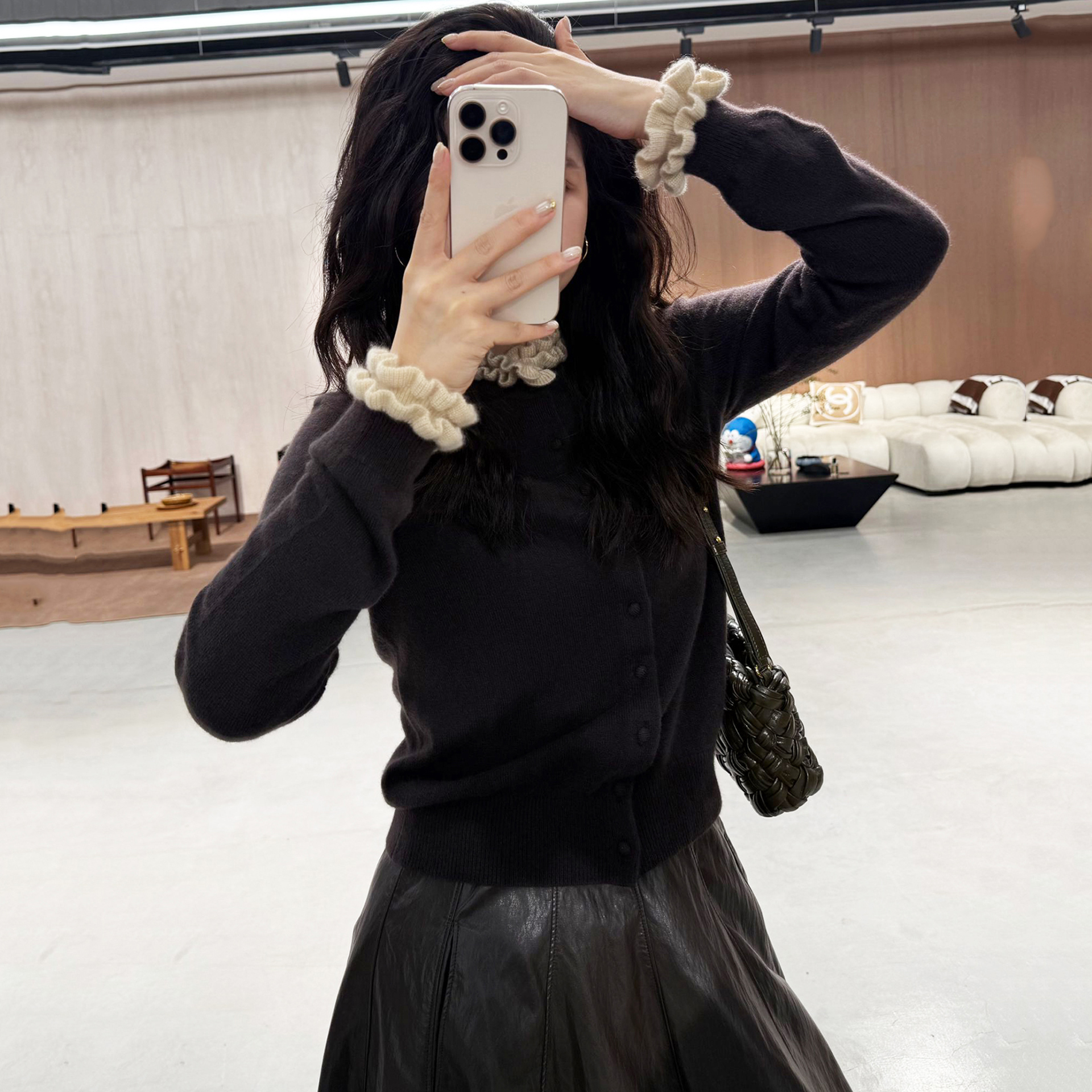 韩系撞色木耳边长袖针织开衫女新款秋季显瘦百搭毛衣外搭打底上衣