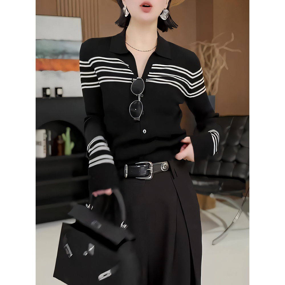 韩系chic显瘦修身条纹V领长袖针织衫女装新款秋冬季撞色打底衫潮