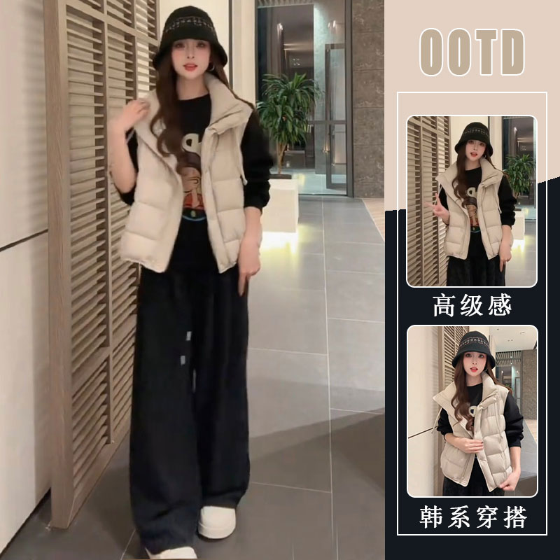 2025秋冬季新款简约小众宽松保暖立领马甲黑色上衣灰色裤子三件套