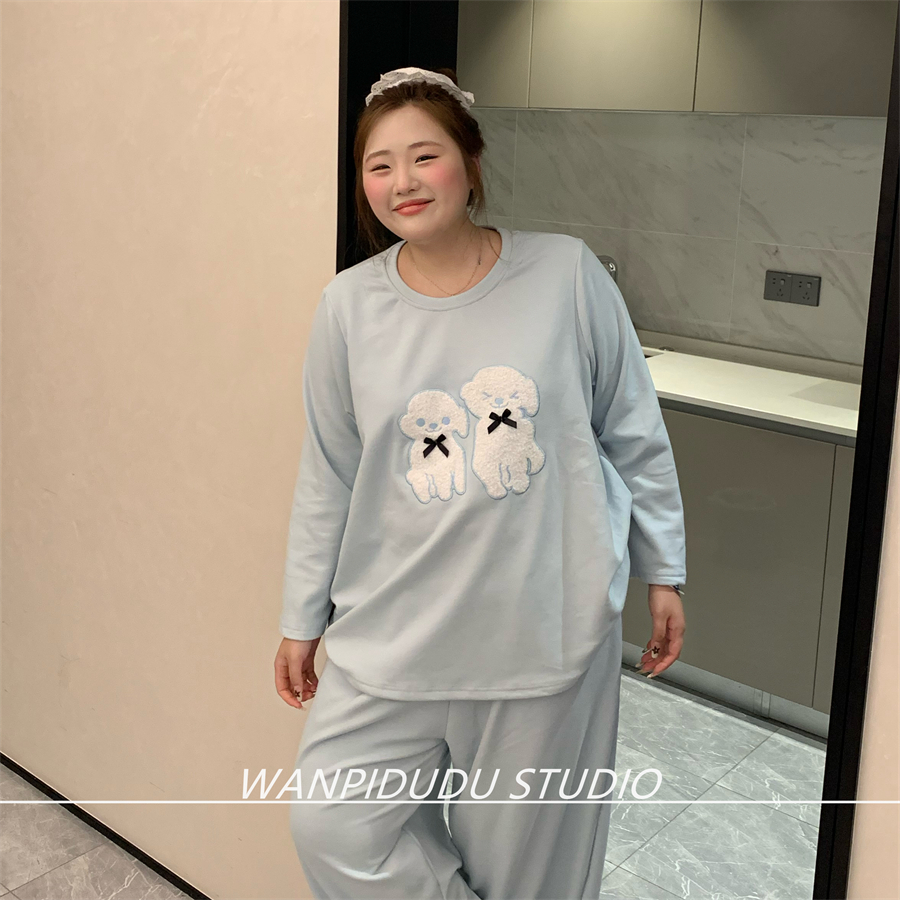 大码胖MM200斤秋冬长袖长裤羊羔绒圆领浅蓝泰迪保暖睡衣
