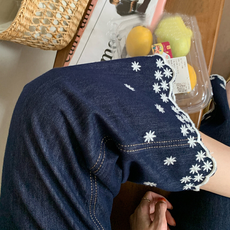 直筒裤牛仔裤刺绣夏季复古时尚水洗九分裤日奢风裤子