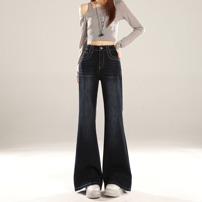 复古不贴腿弹力微喇牛仔裤女2025秋季新款宽松高腰百搭显瘦马蹄裤