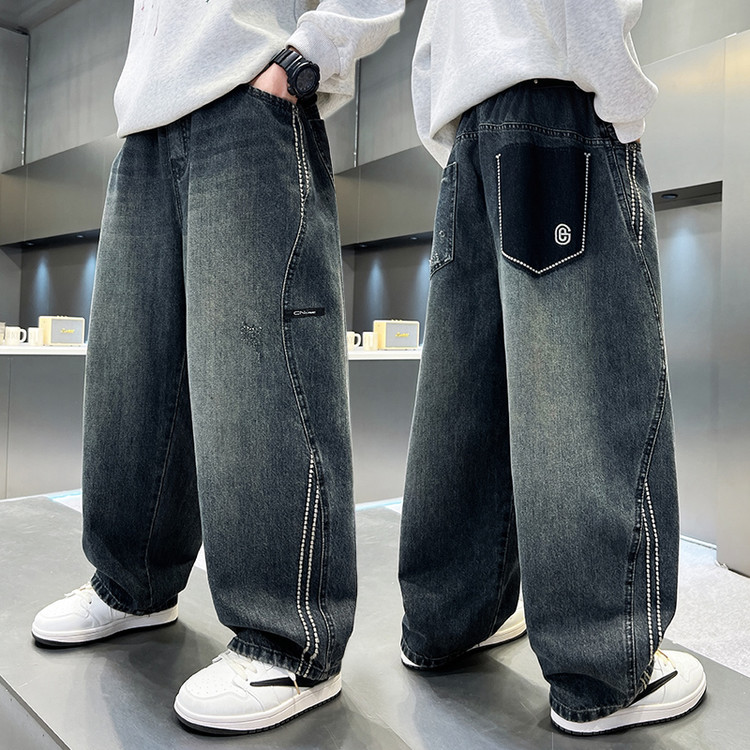 男童加绒裤子秋冬款2025新款大童牛仔裤冬装款男孩老爹裤帅气软潮