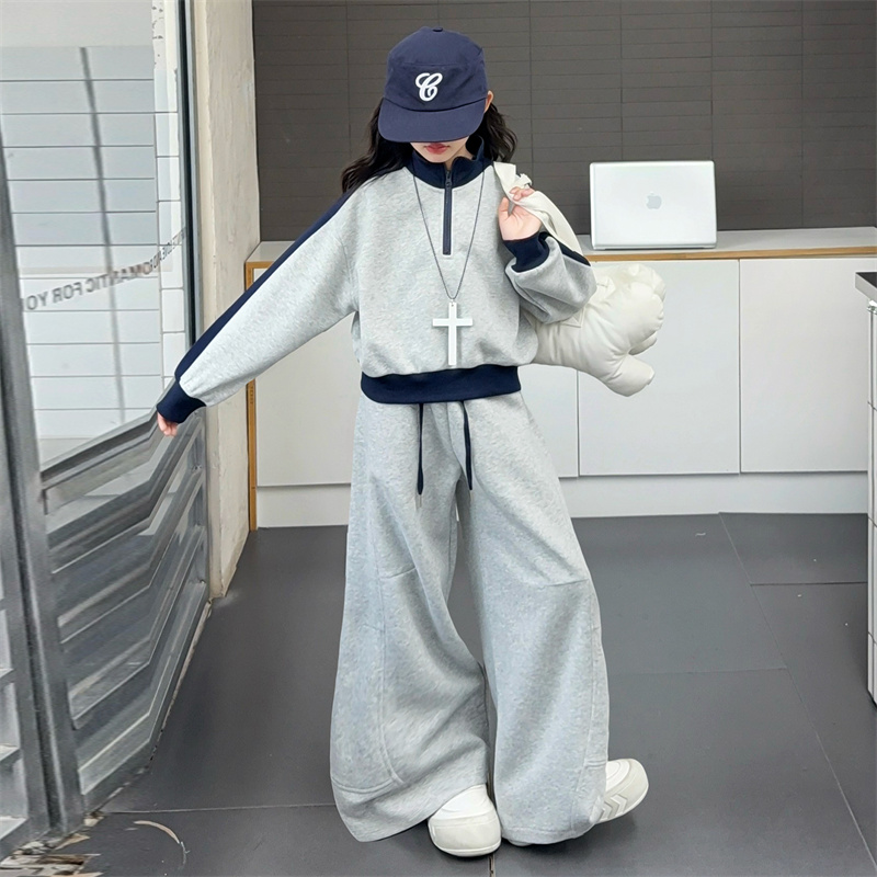 女童春秋款休闲立领卫衣套装2025新款中大童洋气时髦儿童运动秋装