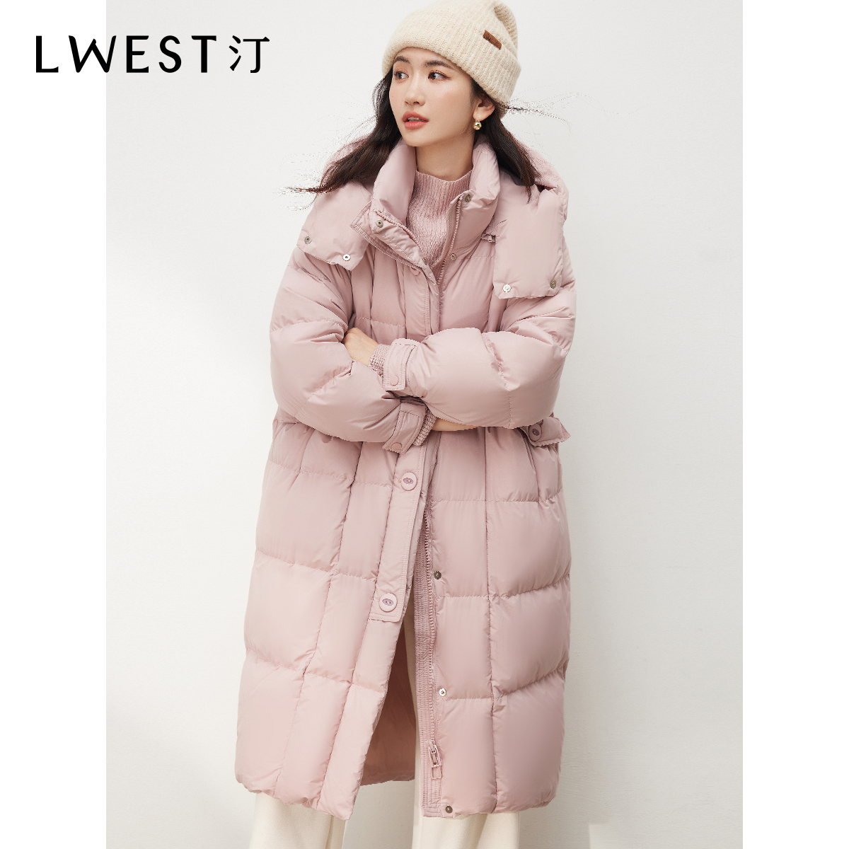 H朗文斯汀粉色羽绒服冬新款宽松连帽中长款白鸭绒保暖外套