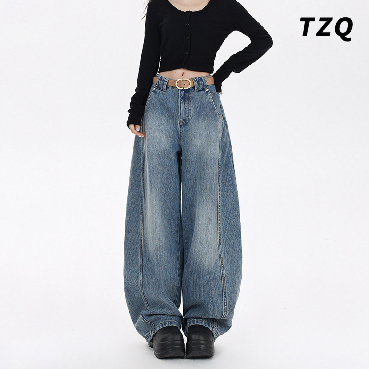 蓝色弯刀阔腿牛仔裤女2025秋新款美式高腰宽松显瘦长裤TZQ2582439