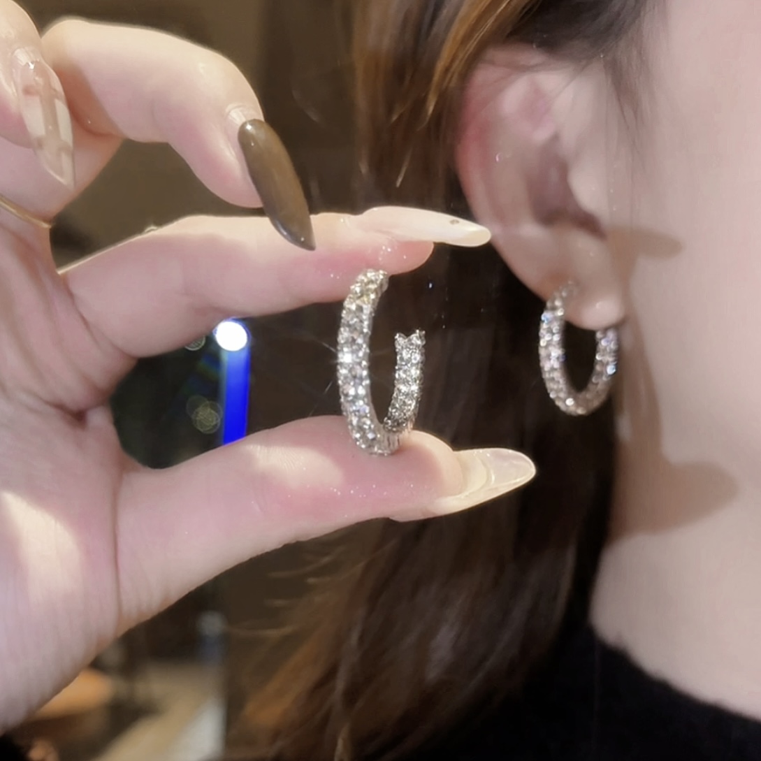 铜合金耳饰 爆闪满钻耳圈小众高级感气质圆圈耳环耳饰女