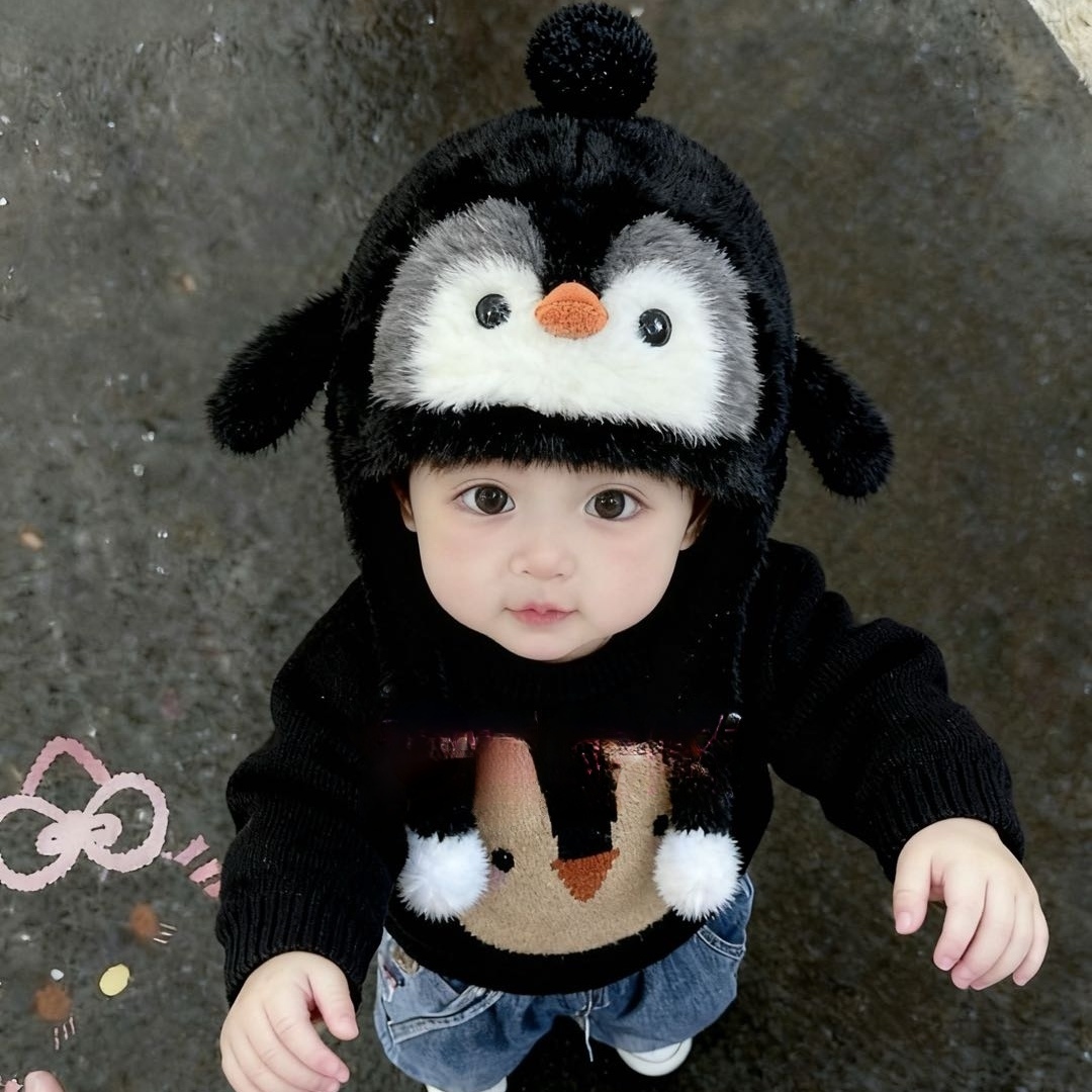 儿童帽子卡通企鹅冬季加厚保暖护耳雷锋帽男女宝宝户外防风套头帽