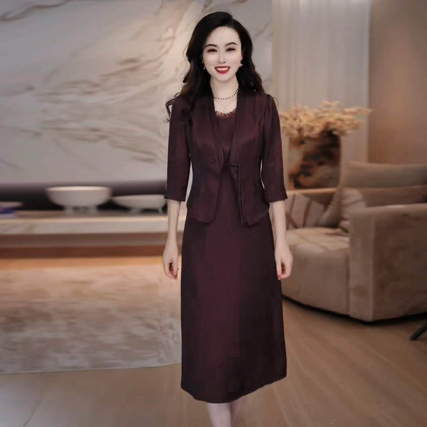 洋气妈妈装早秋新款时尚气质减龄显瘦中长款国风外套连衣裙两件套