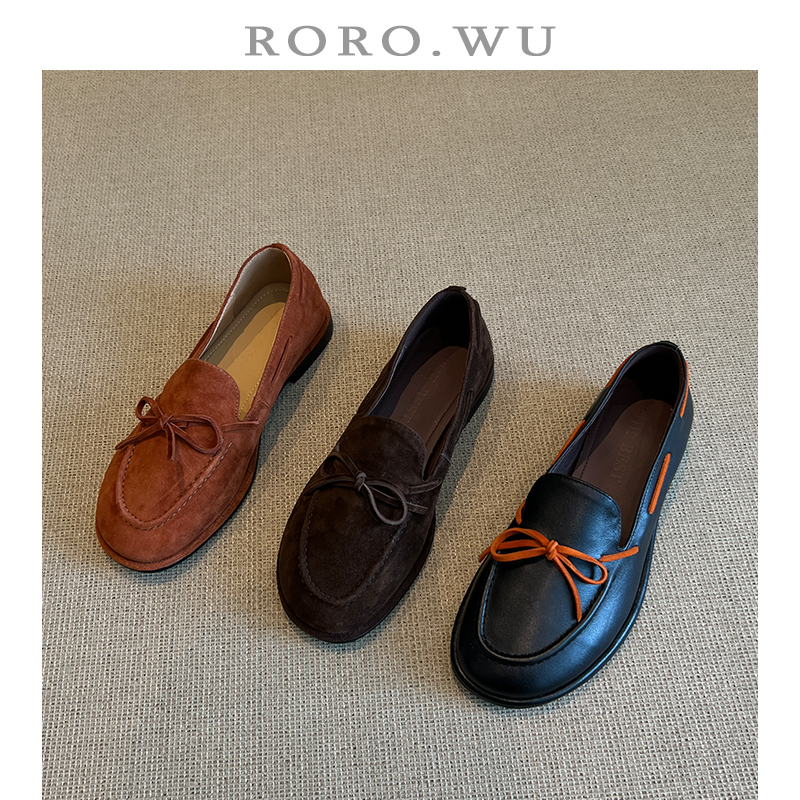 娆娆吴·真皮复古减龄一脚蹬蝴蝶结气质百搭纯色圆头单鞋A82