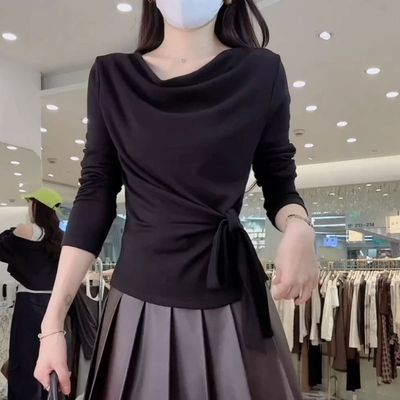 韩系设计感收腰系带T恤女2025秋季新款气质显瘦开叉chic别致上衣