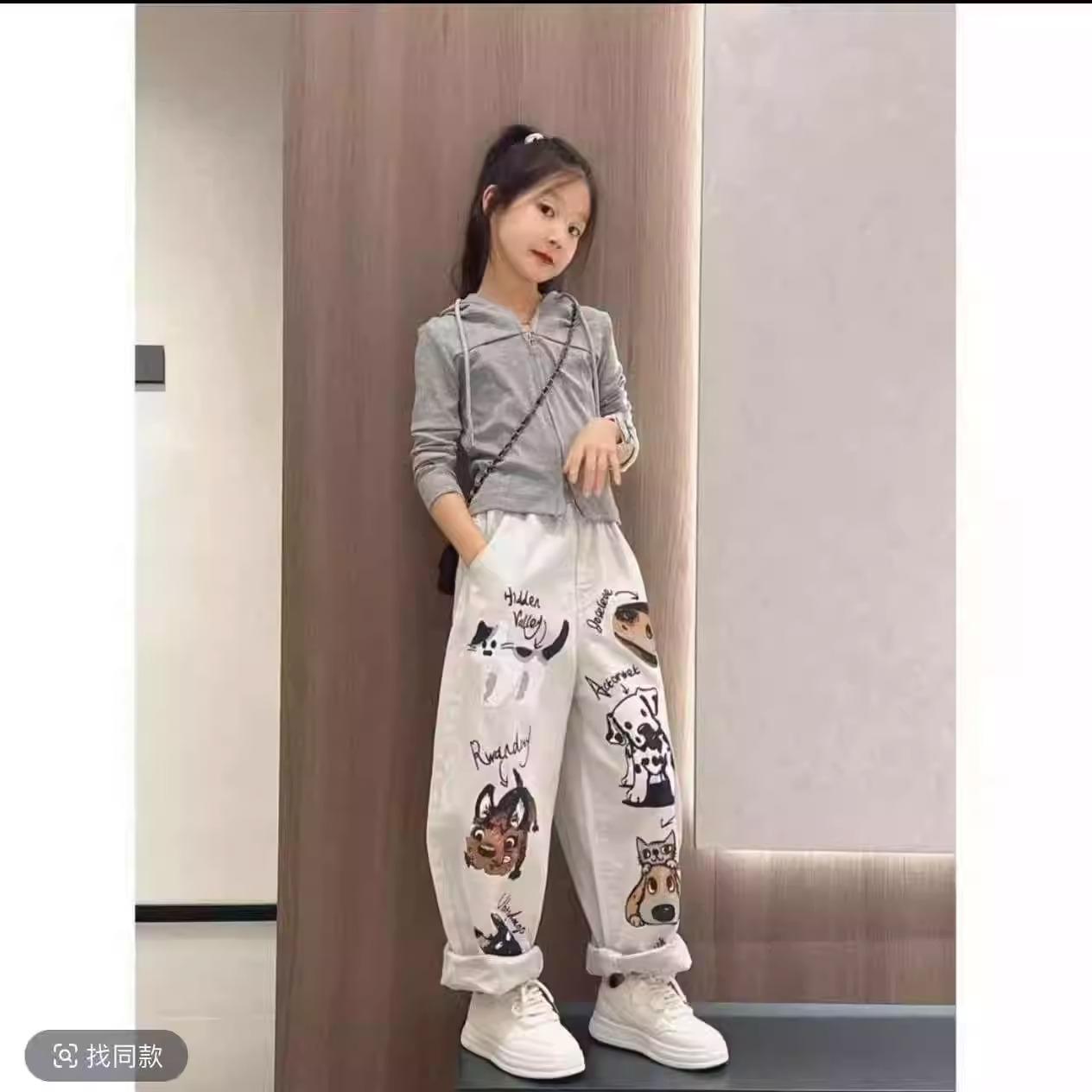 女童春秋新款韩版连帽开衫套装秋季新款潮范中大童涂鸦裤两件套