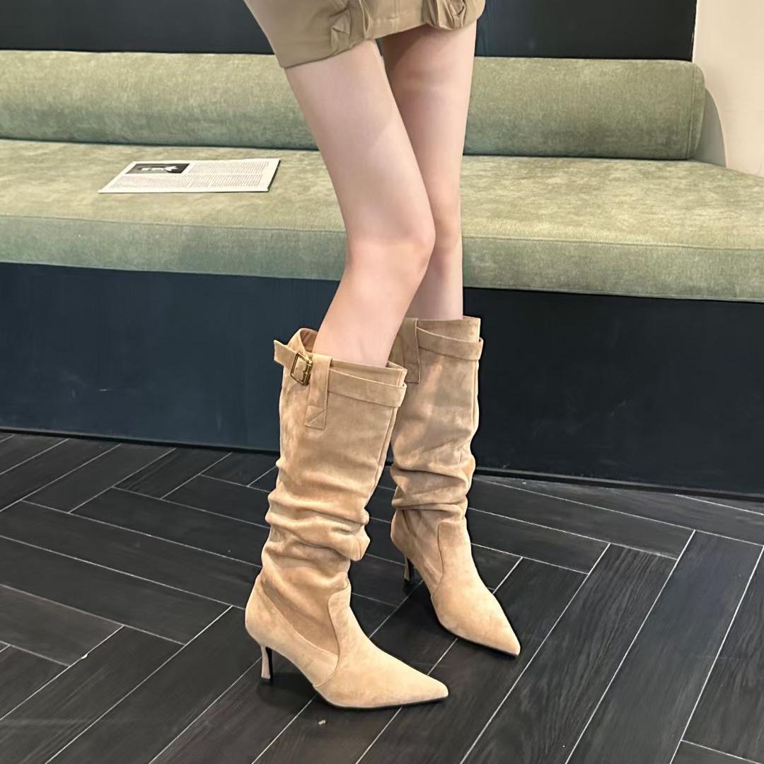 2025秋冬新款休闲精致褶皱长筒骑士靴女尖头细跟高筒显瘦靴堆堆靴