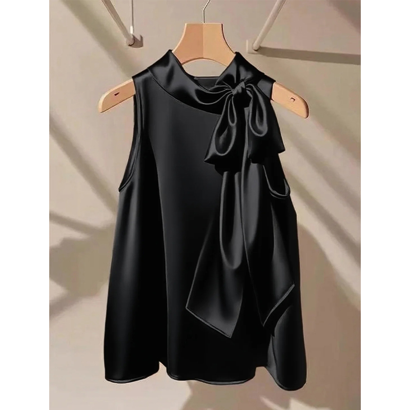 洋气高端别致黑色挂脖时尚小衫女轻熟法式小众蝴蝶结设计感上衣夏