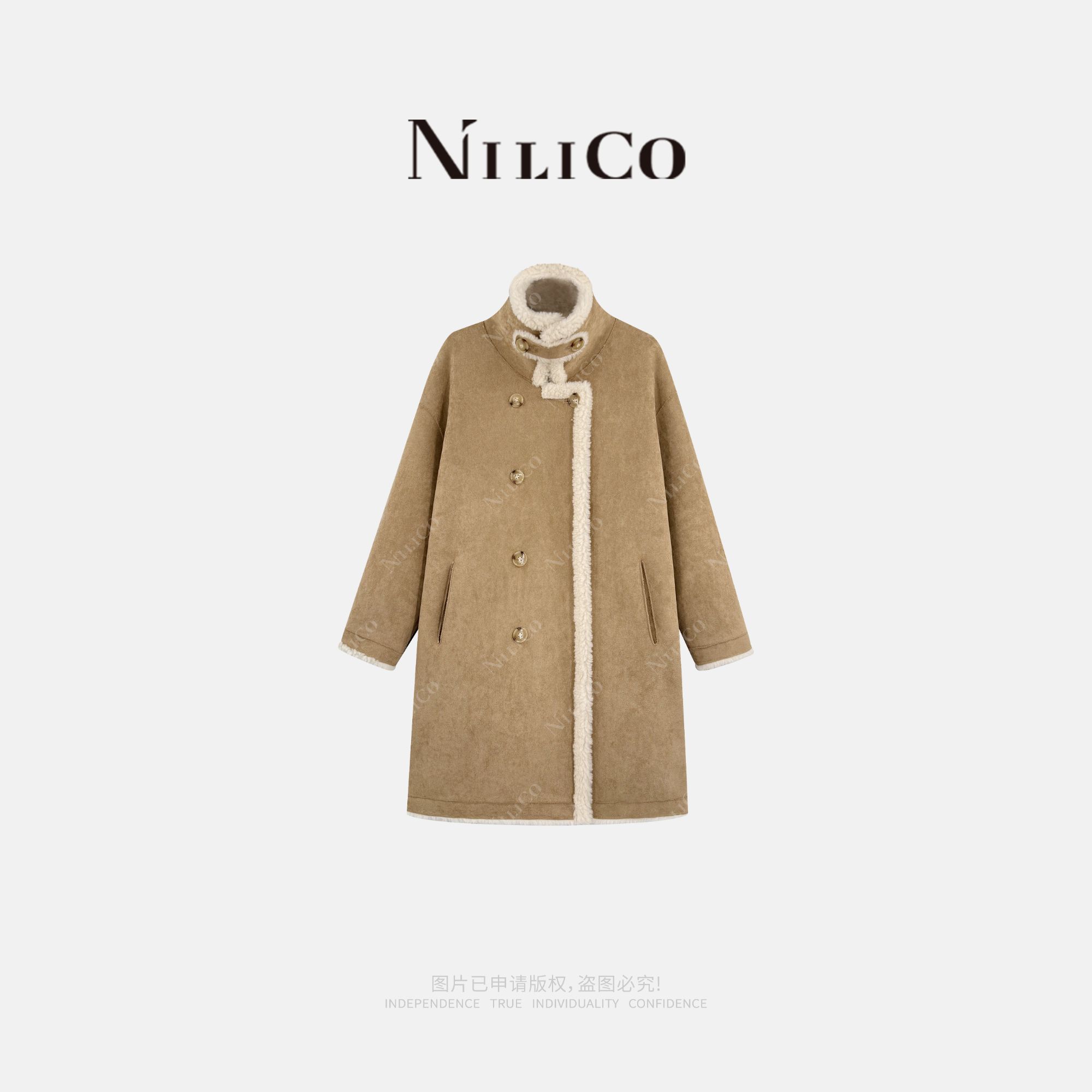 NILICO【双生暖绒】极简复古羊毛双面穿反绒立领双排扣皮毛一体外套