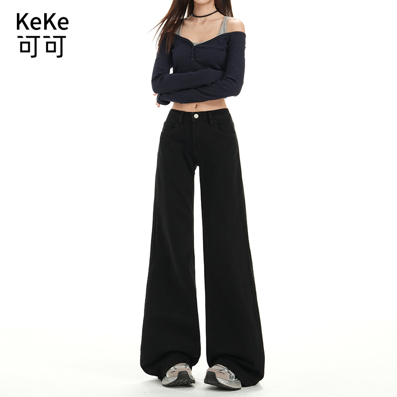 黑色辣妹低腰圆口袋设计微喇牛仔裤女秋冬新款修身弹力加绒喇叭裤