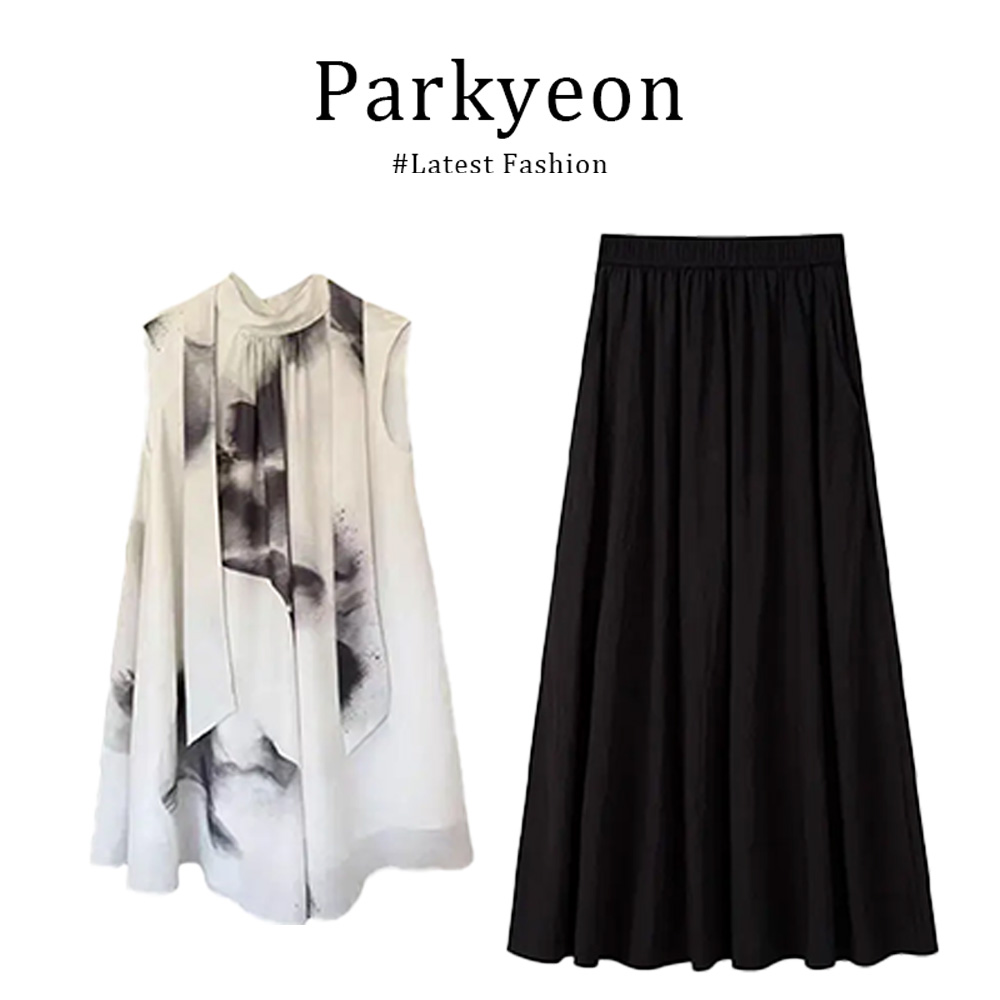 parkyeon新中式国风水墨晕染无袖上衣宽松显瘦垂感半身裙两件套女