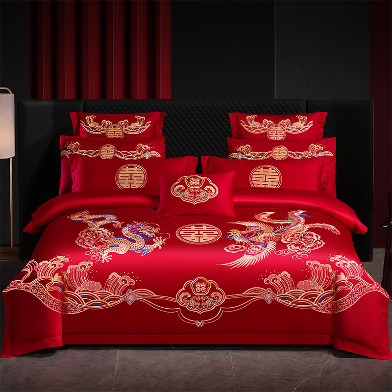 水星家纺婚庆四件套婚嫁新婚床品刺绣被套红色结婚礼婚床中式套件