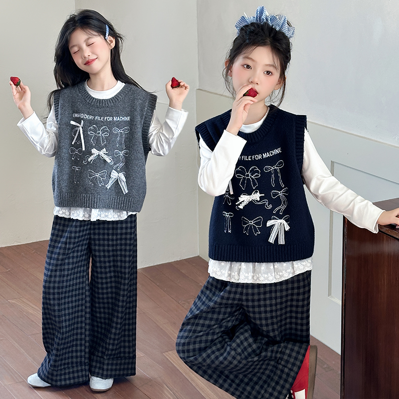 女童秋季套装2025新款儿童大童洋气时髦毛衣马甲三件套女孩春秋款