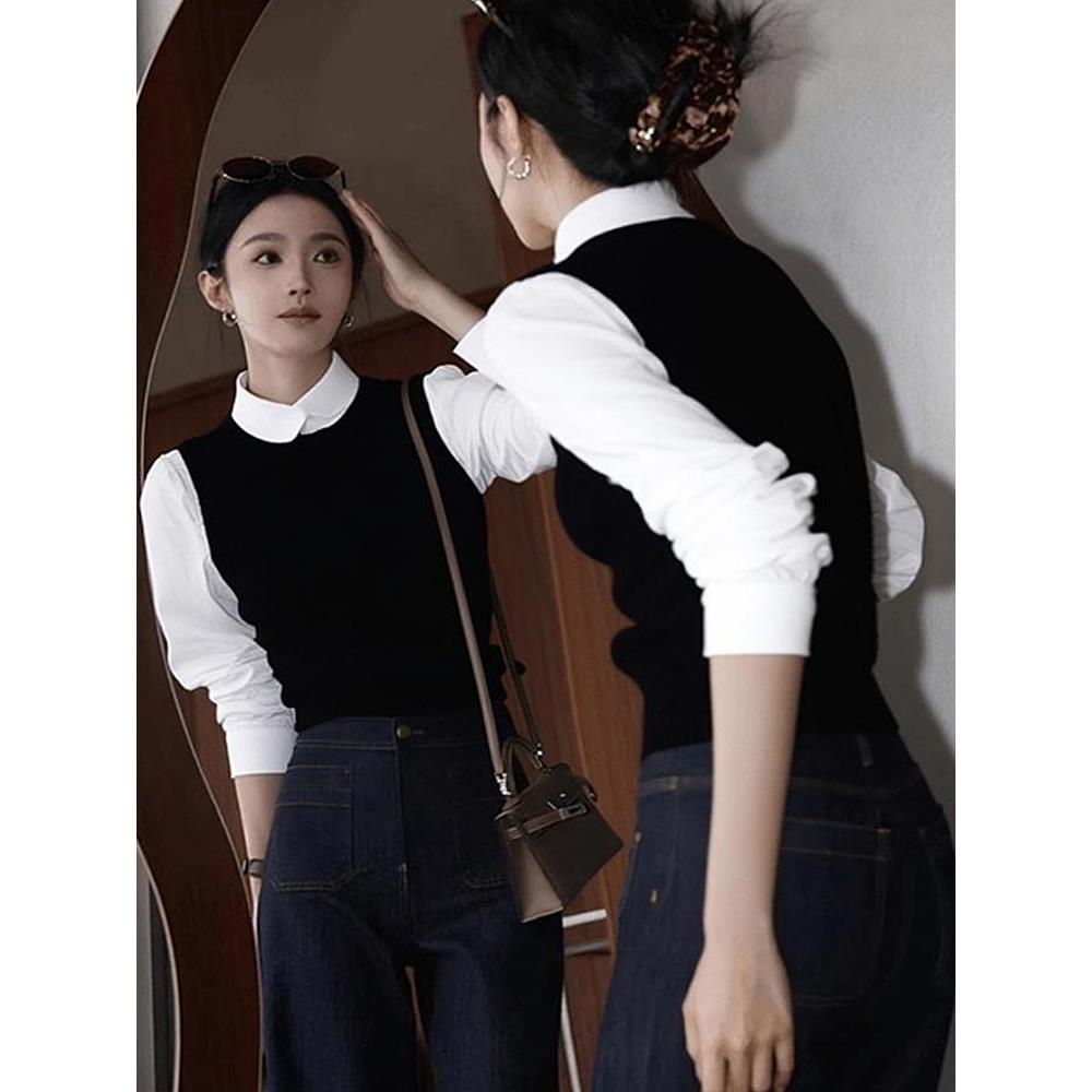 法式气质黑色假两件长袖针织衫2025秋季新款小众不撞款超好看上衣