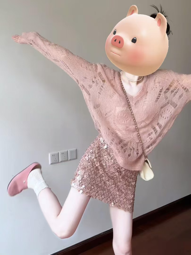 2025秋季新款法式高级感粉色V领镂空针织上衣花朵亮片短裙两件套