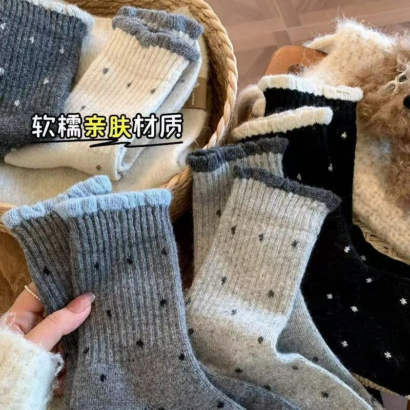 花边袜波点秋冬季新款加厚花边袜子女中筒袜圆灰色冬天长袜