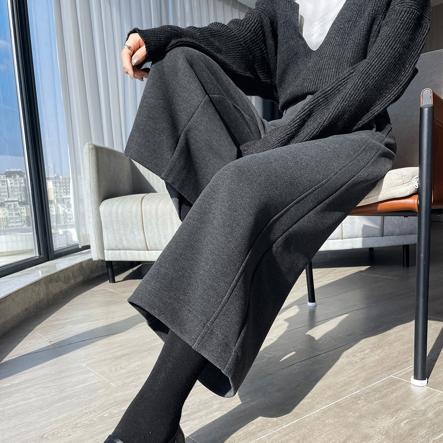 八分醋酸羊毛阔腿裤女秋冬季2025新款高腰宽松小个子休闲毛呢裤裙